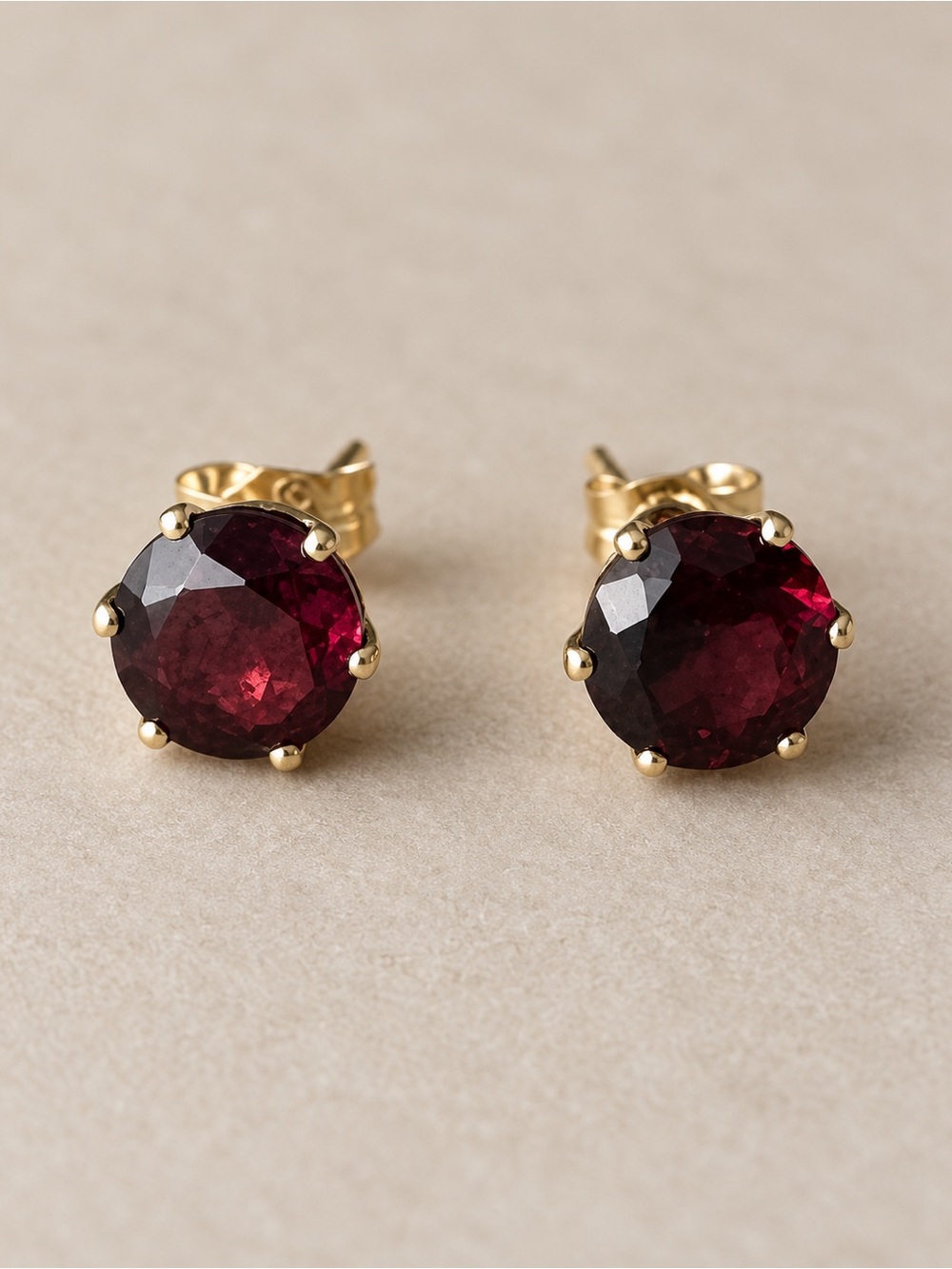 14K Yellow Gold Garnet Stud Earrings Round Burgundy Gemstones